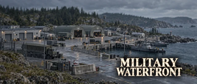 Chapter 4 concept artwork of Military Waterfront, with the location title.