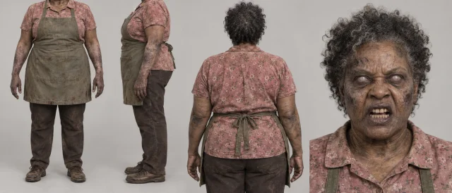 Wilted Florist zombie concept sheet with front, side, back and portrait views.