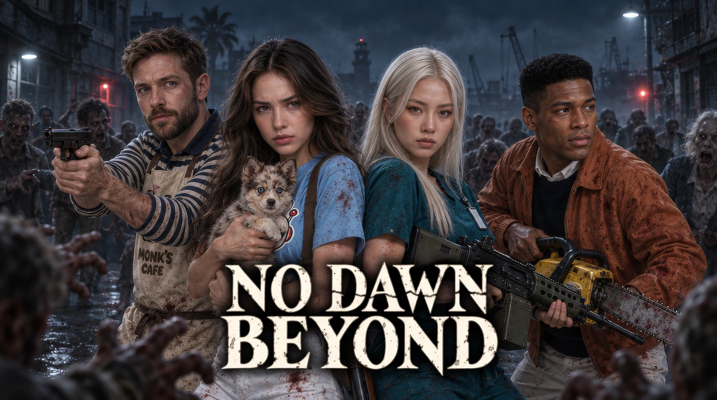 No Dawn Beyond concept poster: Miles Parker, Elina Skye holding Mochi, Reika Satomi and Isaiah Cameron face a zombie outbreak.