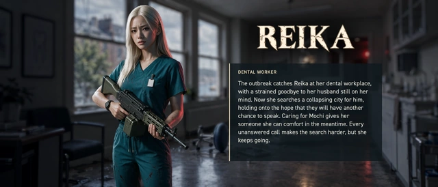 Reika, a dental worker searching Port Heaven for her husband during the outbreak.