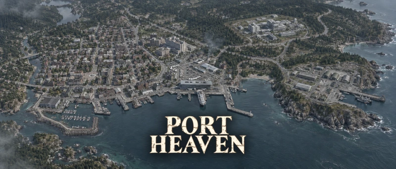 Port Heaven coastal city, harbor and forested outskirts.